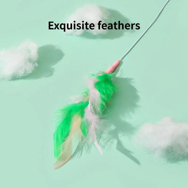Green interactive cat feather wand toy with bell and feather attachments for indoor play