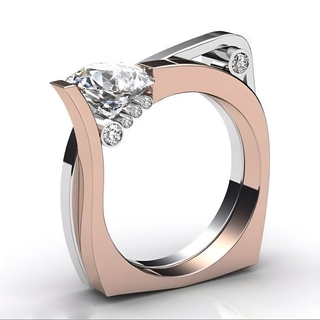 Rose gold geometric alloy couple ring with inlaid zircon stones on a grey background.