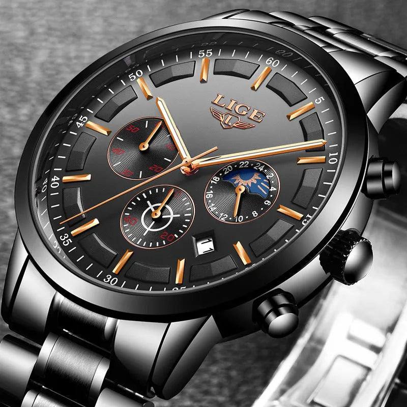 Men's waterproof quartz sports watch in black with rose red gold accents on wrist