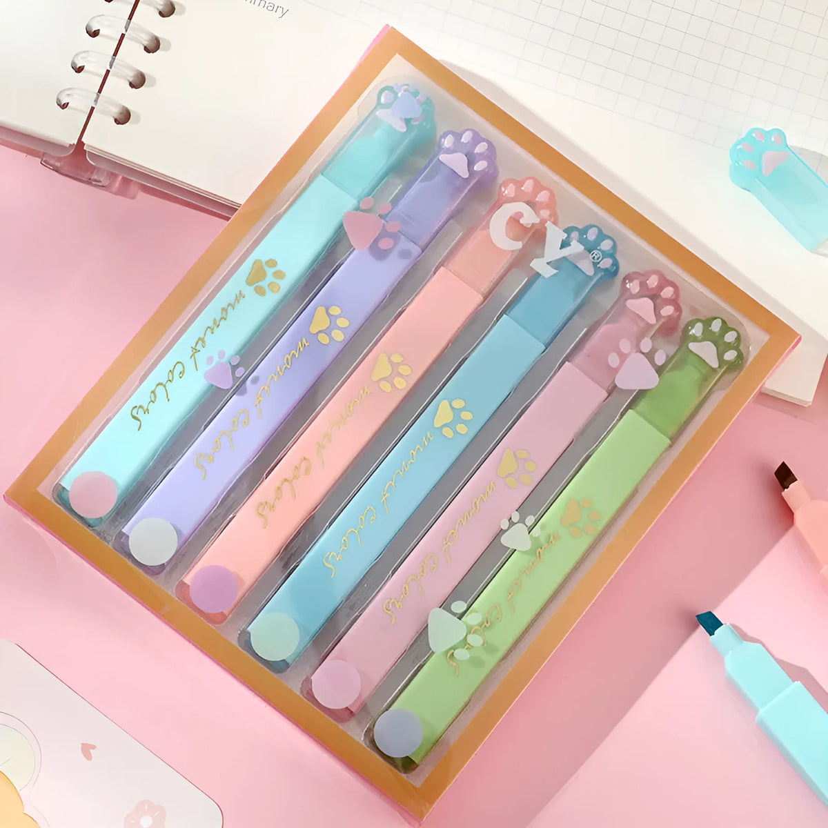 Cat's Paw brand box containing six fluorescent marking pens with oblique nibs in various colours.
