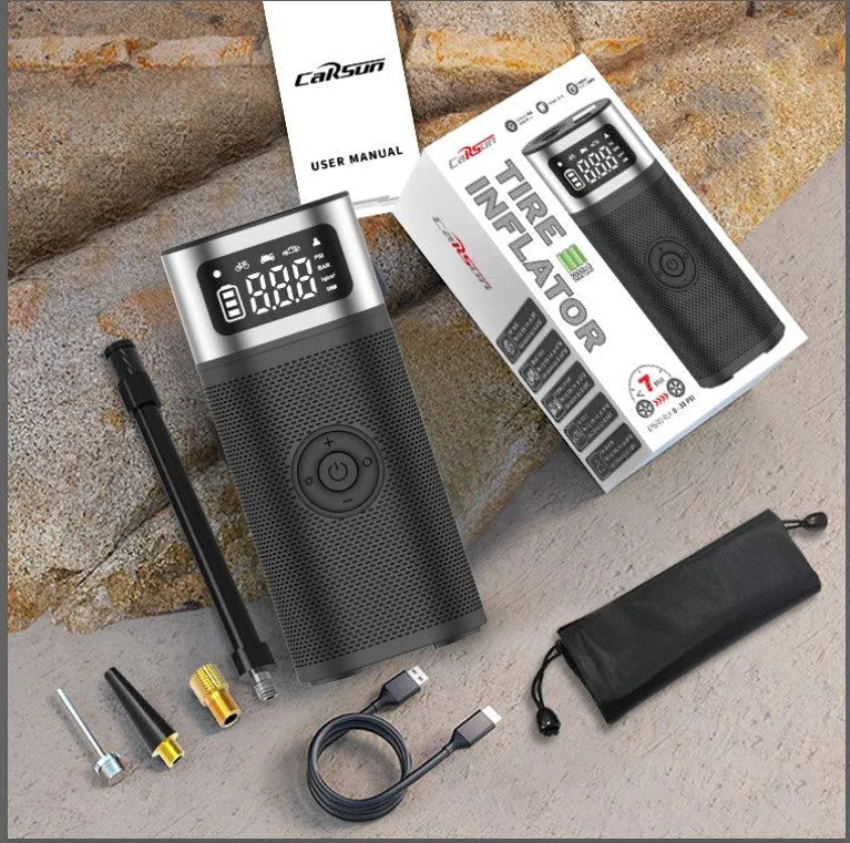 Black portable wireless car tyre air pump with LED light and USB charging cable