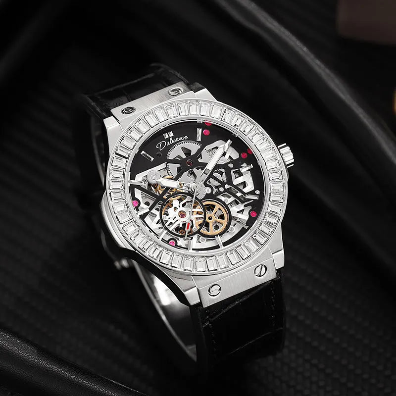 Men's automatic skeleton watch with diamond markers on white shell case