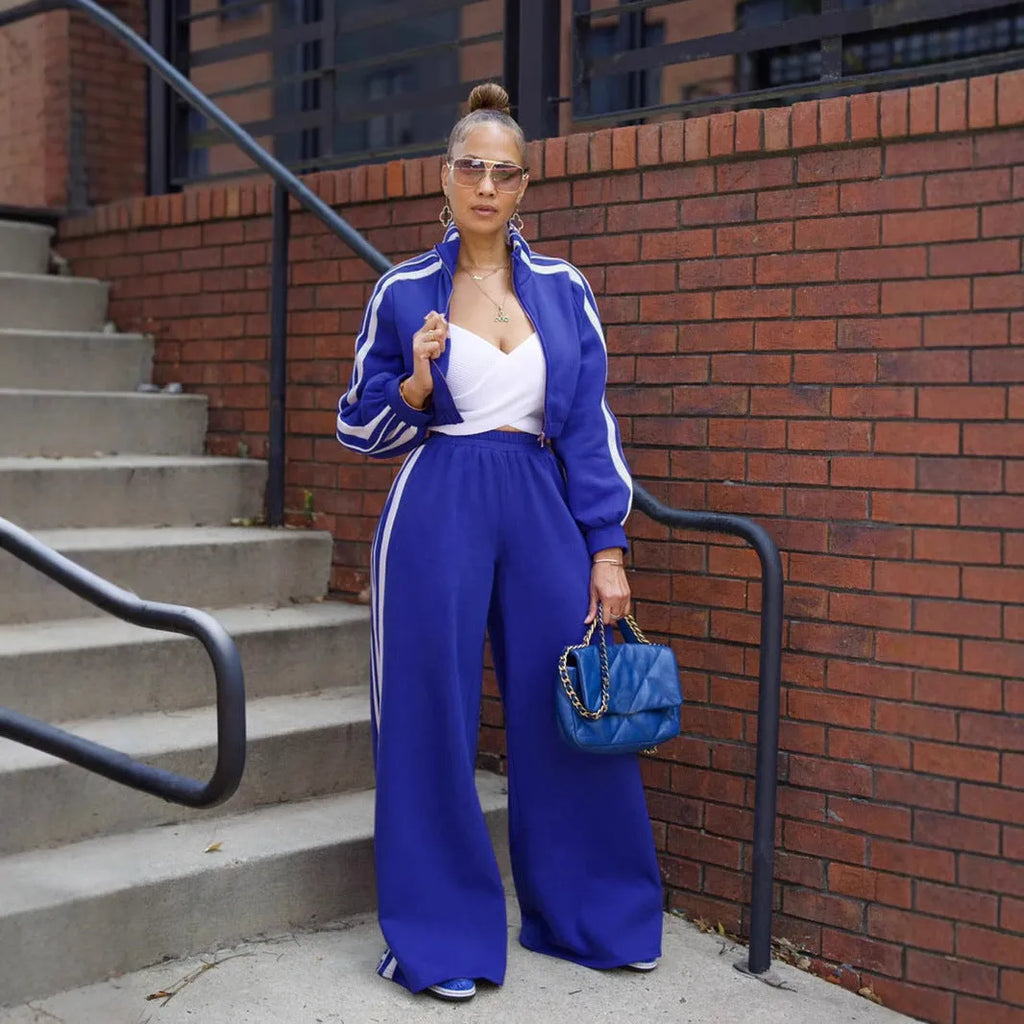 Striped street style two-piece outfit set in polyester fabric with contrast colour elements