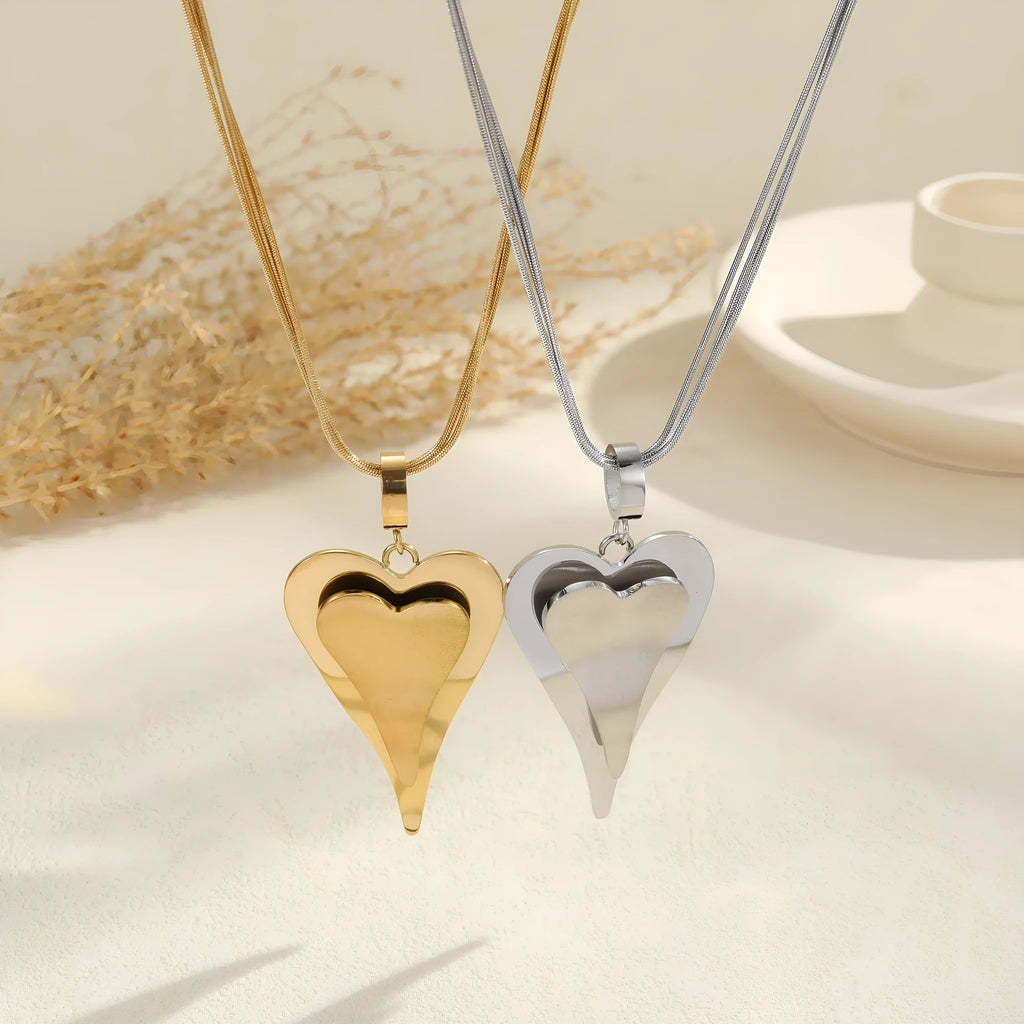 Women's stainless steel double heart snake bones geometric pendant necklace on regular chain