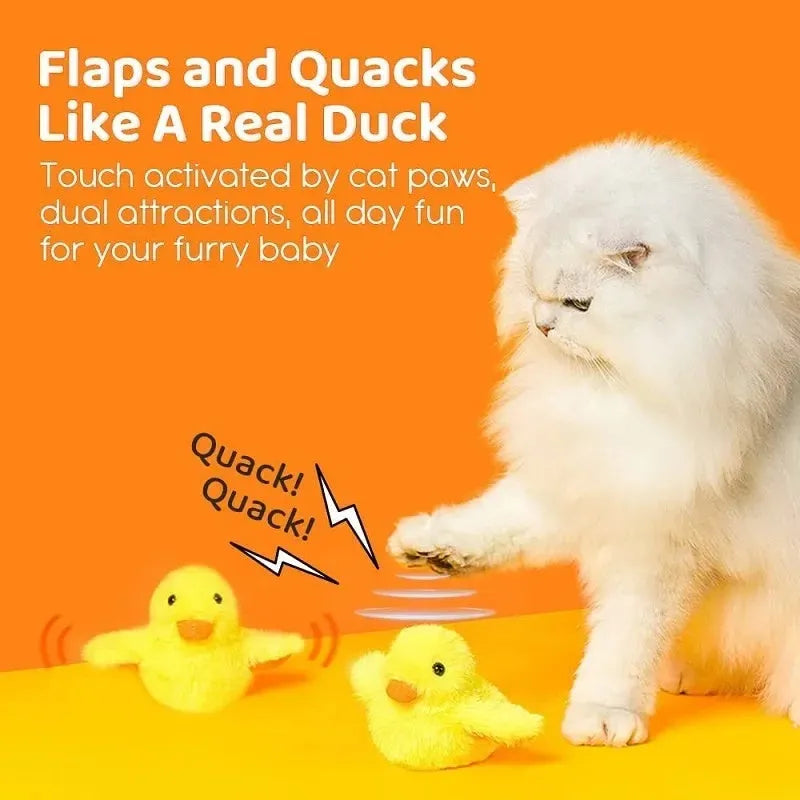 Yellow flapping duck cat toy with vibration sensor and washable plush cover