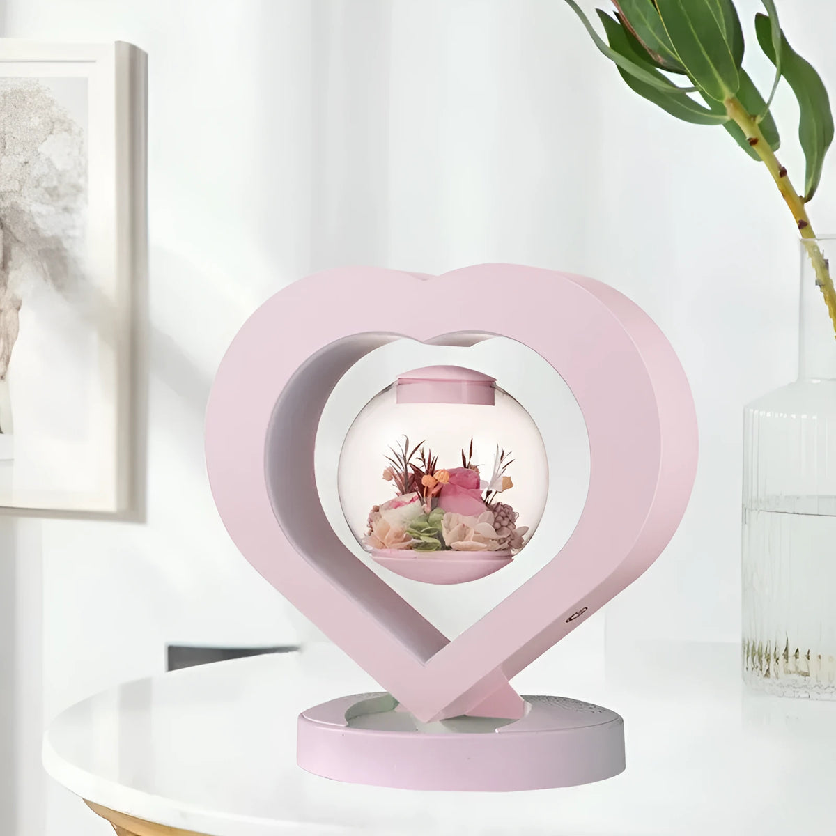 Pink preserved flower rose ornament with optional audio bluetooth and base