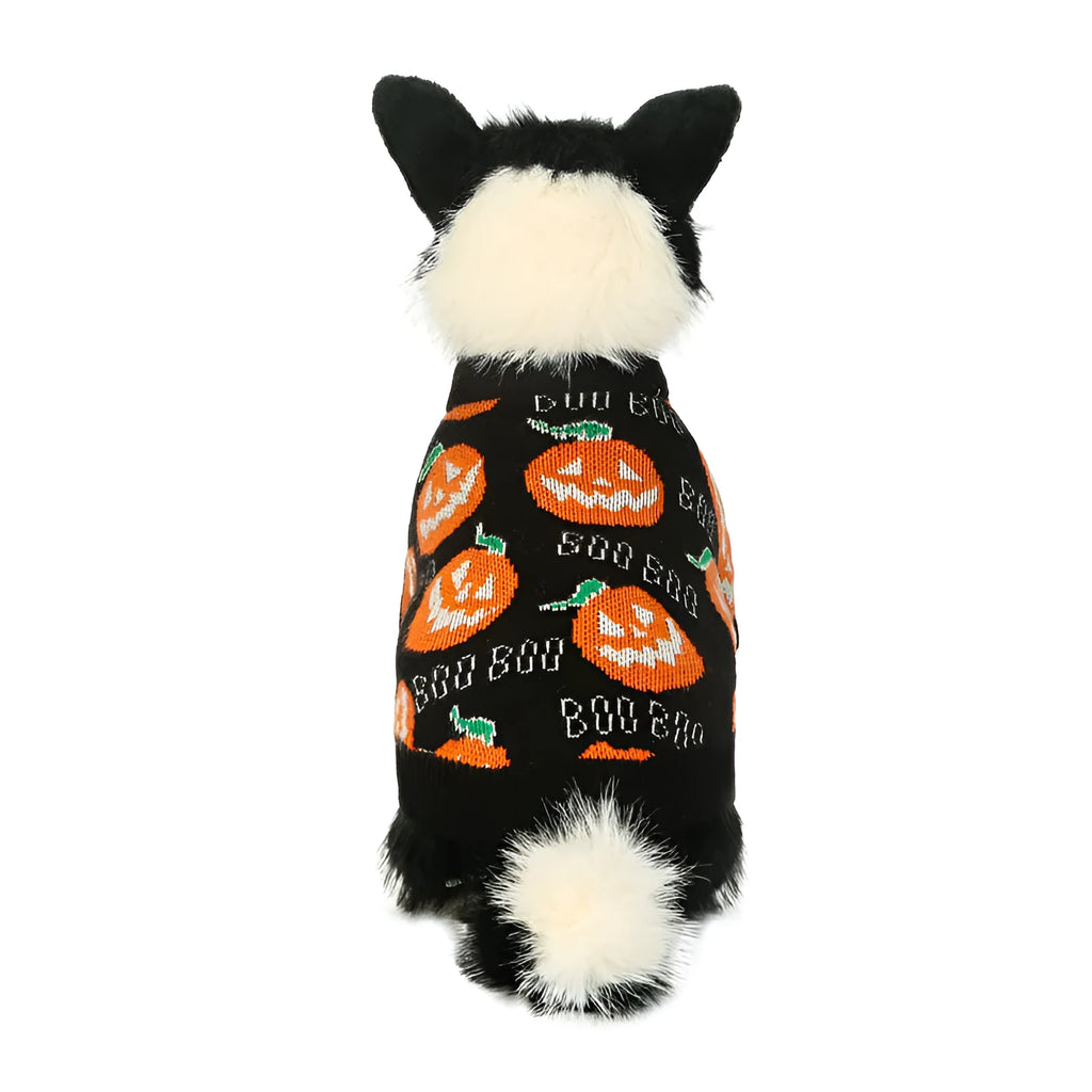 Black dog sweater with orange pumpkin pattern for Halloween in multiple sizes