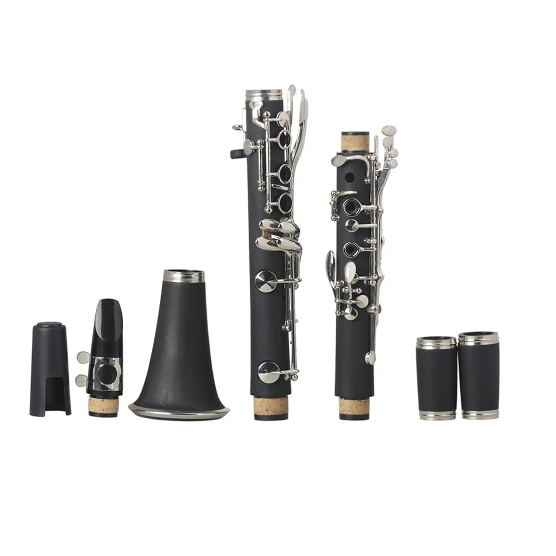 Black Bakelite 17-key beginner clarinet with nickel-plated keys and a carrying bag.