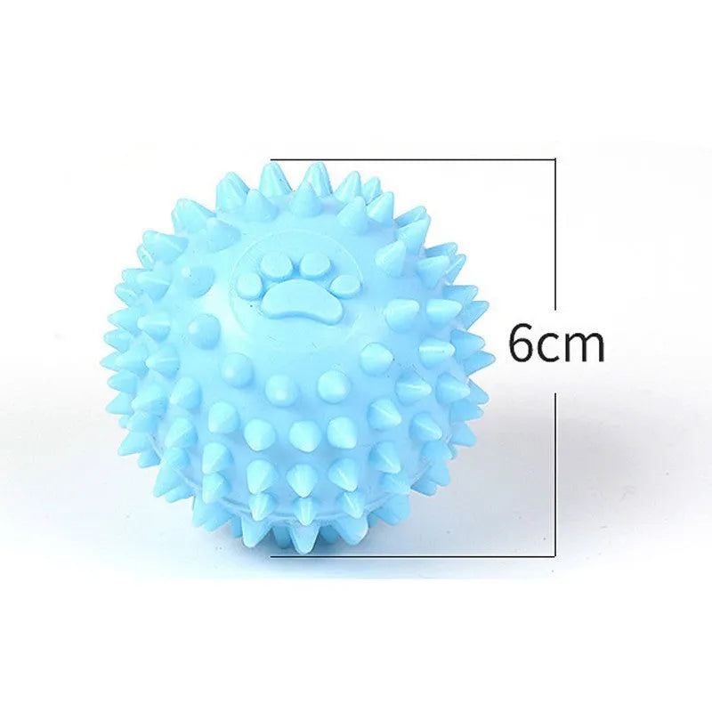 Blue dog chewing toy with textured footprint design measuring 6cm diameter