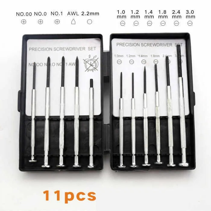 11-piece clock repair screwdriver set with cross and slotted heads for electronics and household maintenance