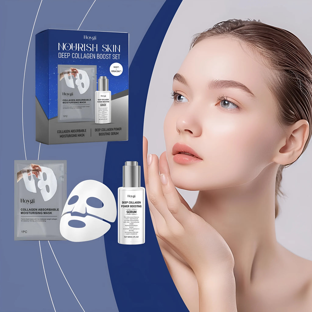 Collagen facial mask set showing silicone mask and 30ml essence serum bottle