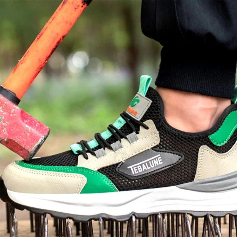 Black green plastic steel toe anti-smash work shoe with mesh upper on a TPU sole