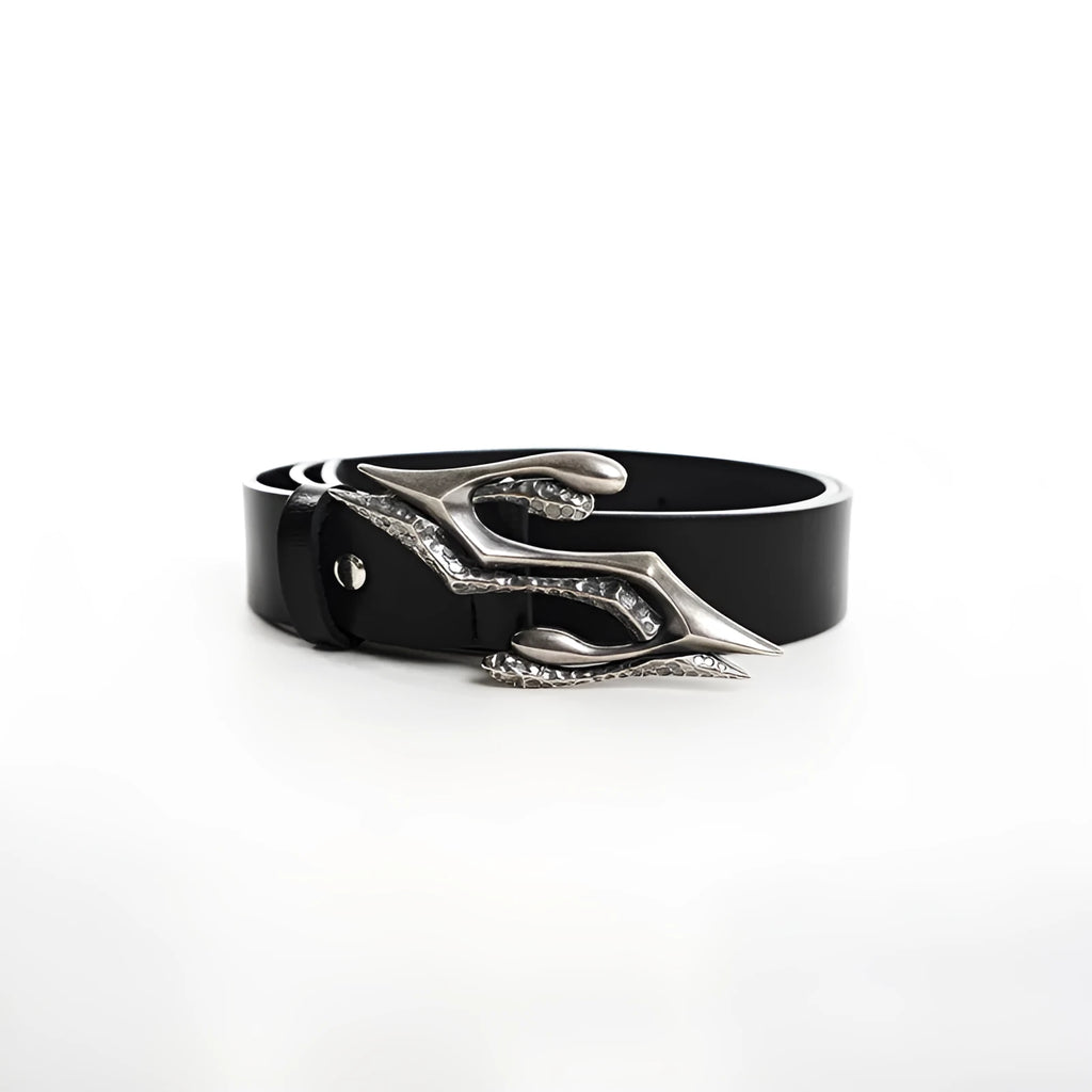 Black men's leather belt with a metal letter buckle, shown at 110 cm length.