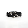 Black men's leather belt with a metal letter buckle, shown at 110 cm length.