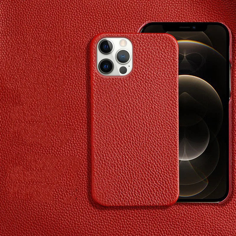 Genuine leather half-frame protective case for iPhone on a table in beige colour.