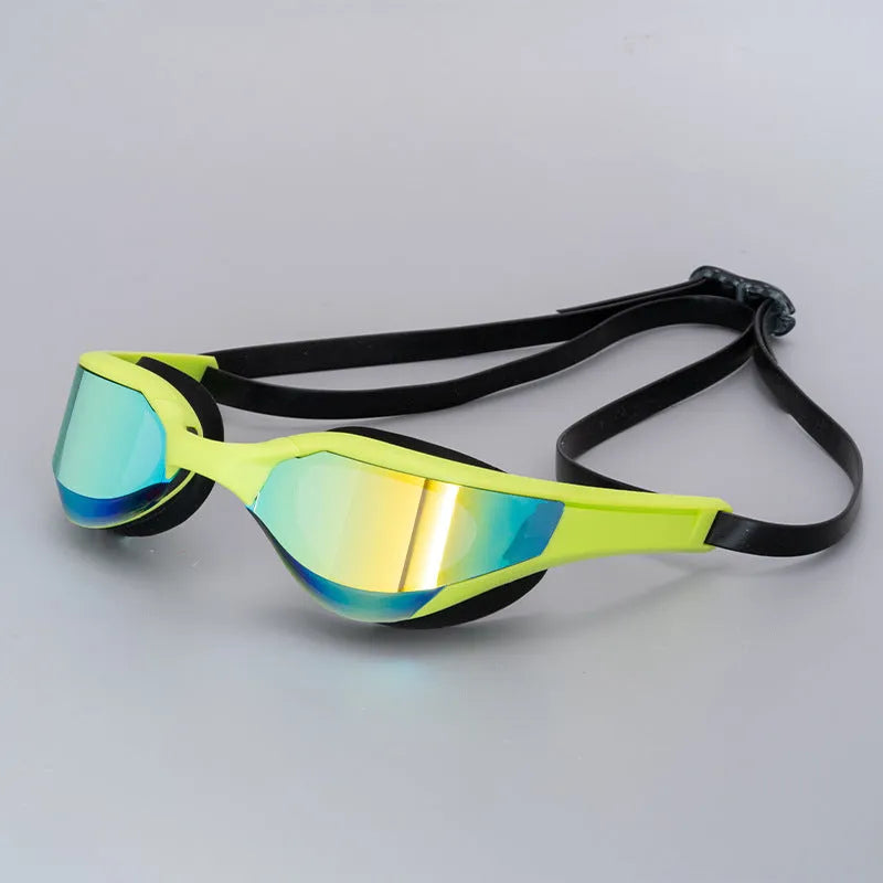 Racing HD anti-fog swimming goggles with adjustable nose bridge, shown in a gold plated colour variant.