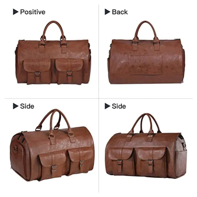 Convertible travel bag in black or brown PU leather with waterproof finish, 36-55L capacity, retro solid colour design.