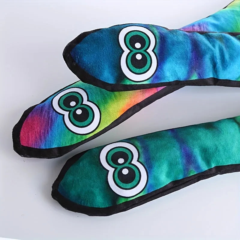 Snake shape plush dog squeaky toy with multicolour stripe print in blue, green and rainbow options