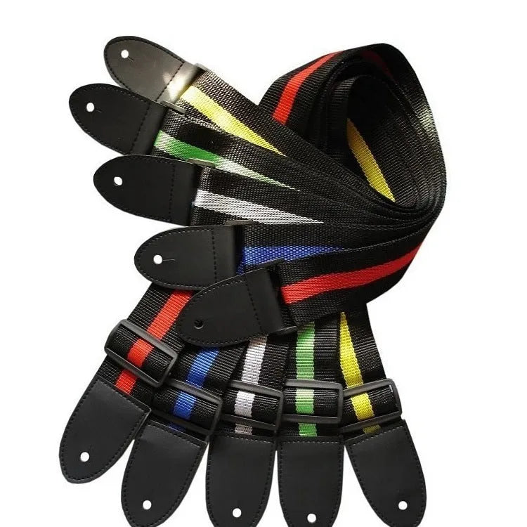 Woven fabric crossbody instrument strap for guitar, bass, and ukulele shown in multiple colour options