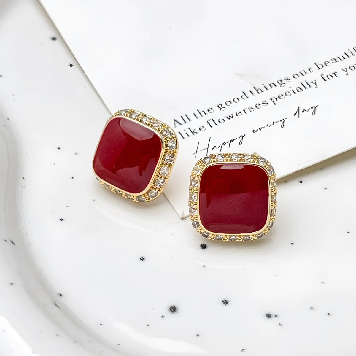 Retro red geometric earrings with square inlaid design on alloy material