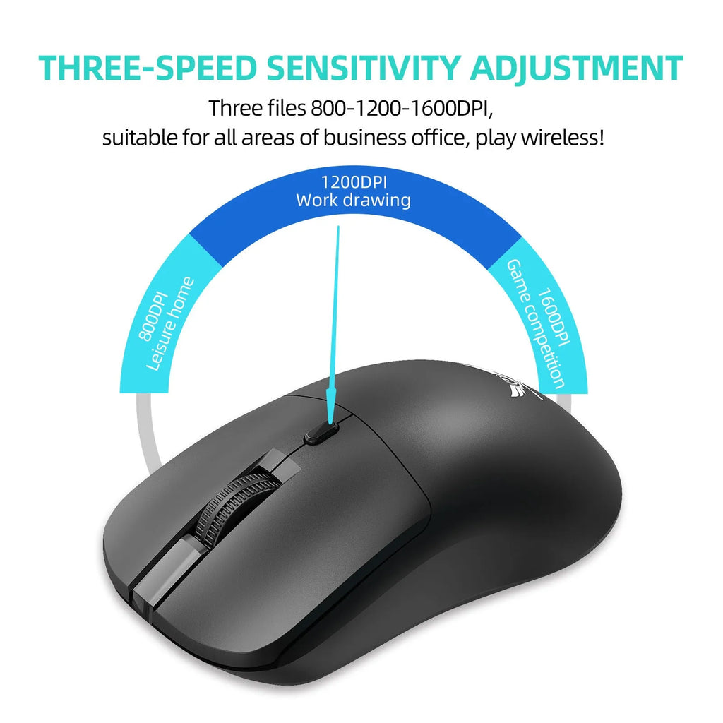 Black wireless computer mouse with three-gear audio button and optical sensor