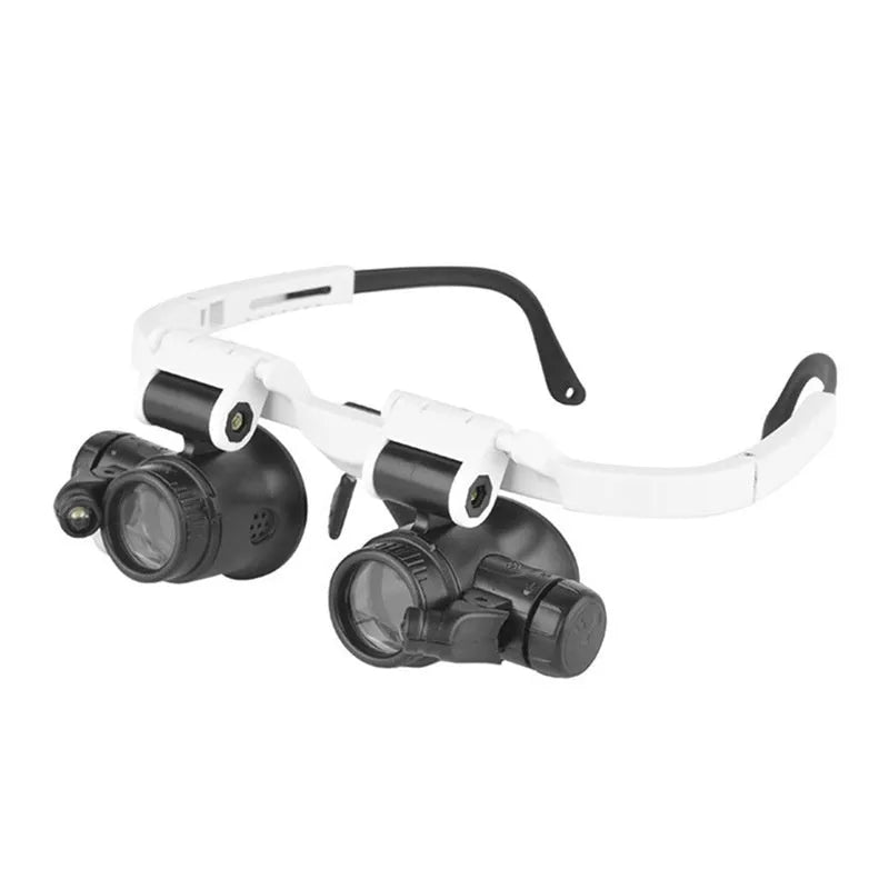 White head-mounted magnifying glass with 30mm lenses, shown both unfolded for use and folded for storage
