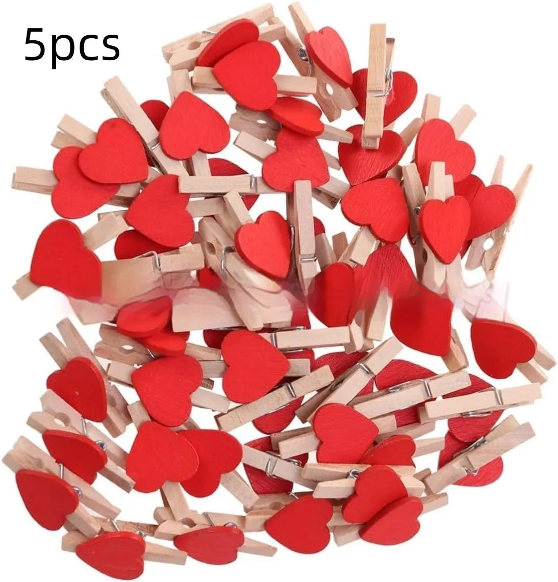Set of five solid wood heart-shaped clips in red, pink, white, yellow, and rose colours.