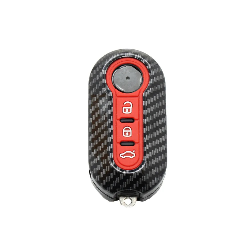 Fiat 500 Boyue ABS plastic remote key shell with carbon fibre pattern in black, red, and dark blue colours