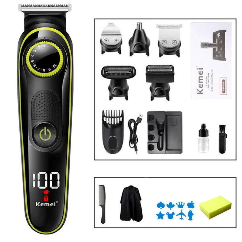 Black KM-696 rechargeable electric hair clipper with stainless steel blades and cleaning brush.