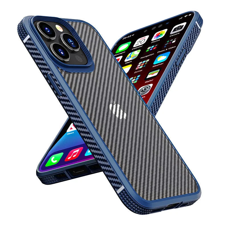 Black anti-fall protective case for iPhone 13 with carbon fibre pattern and composite TPU+PC construction