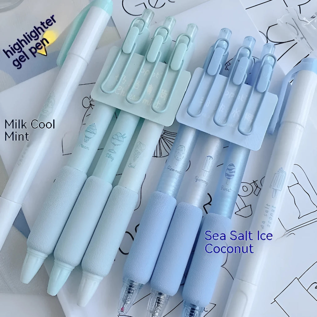 Four double-headed fluorescent pens with 0.5mm tips in cheese mint and sea salt ice cup colours for calligraphy practice