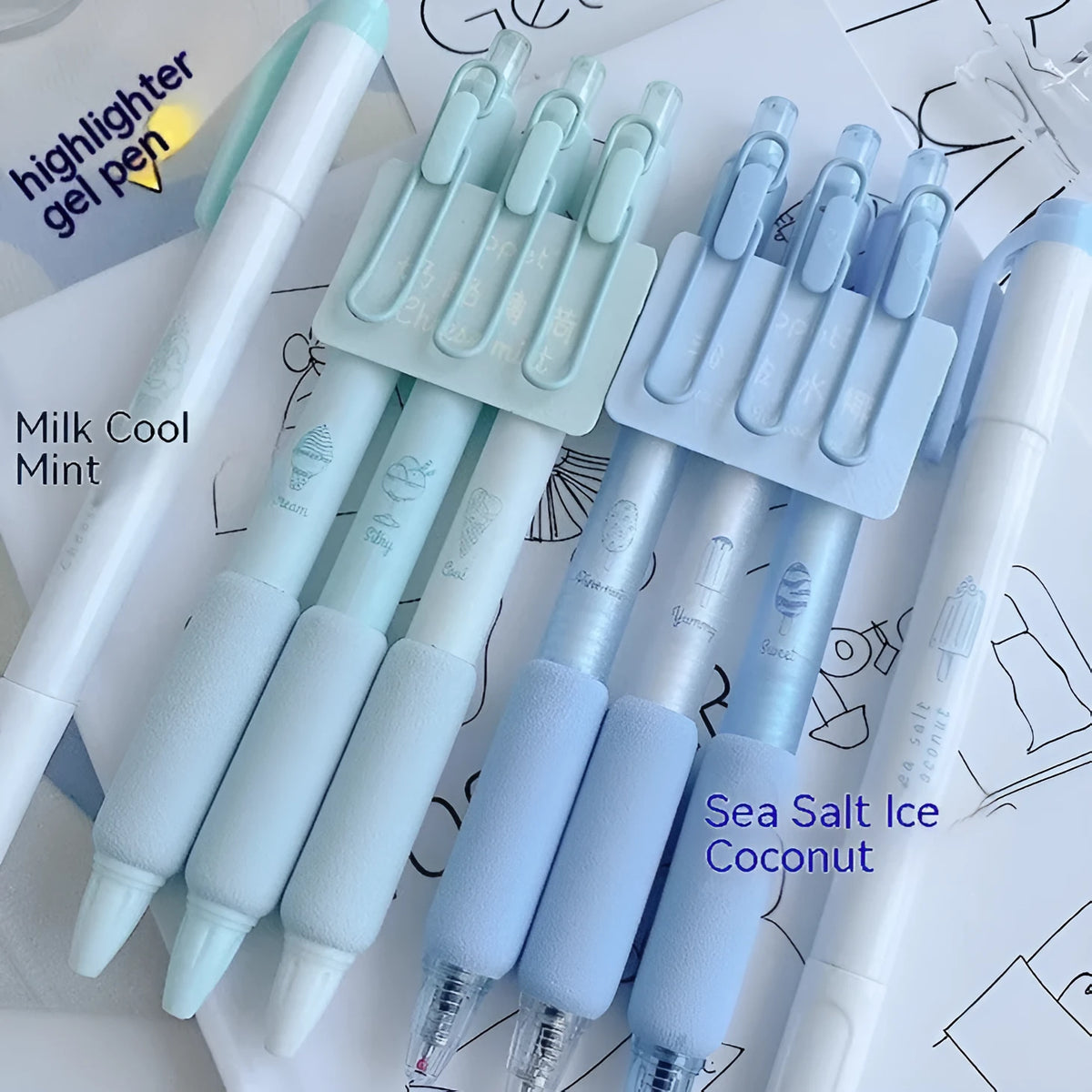 Four double-headed fluorescent pens with 0.5mm tips in cheese mint and sea salt ice cup colours for calligraphy practice