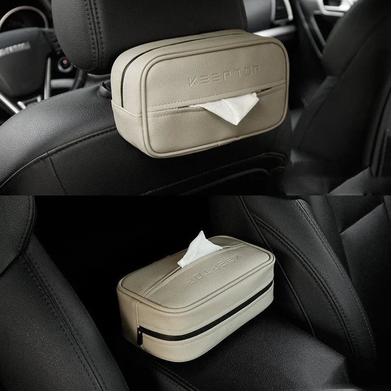 PU leather car hanging storage box in black and beige colours with paper bag construction