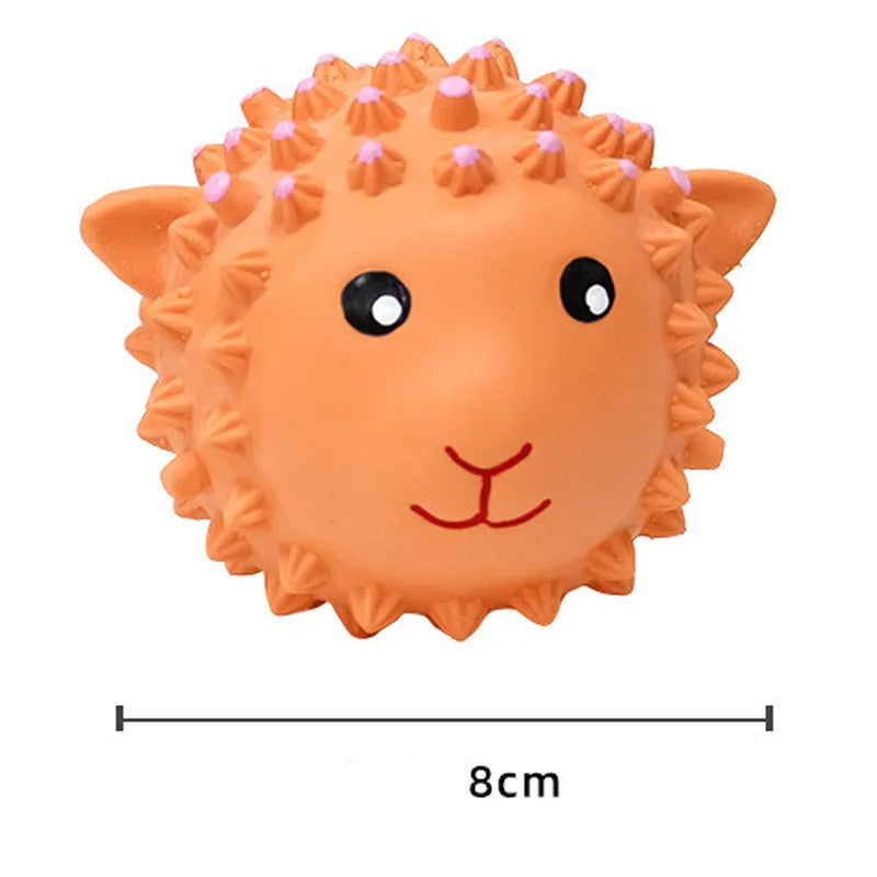 Orange and yellow squeaky latex dog toys with spiky texture for dental cleaning, 3-inch diameter