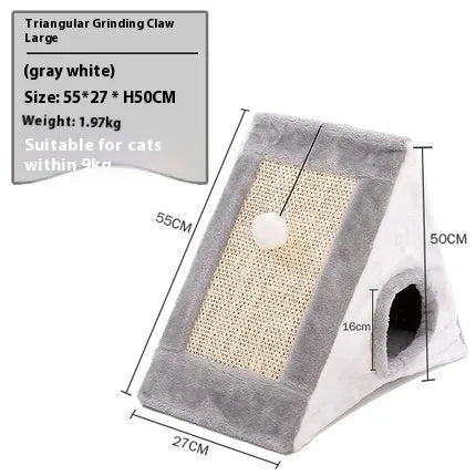 Triangle-shaped grey and white cat bed with sisal scratching sides and a soft plush sleeping area.
