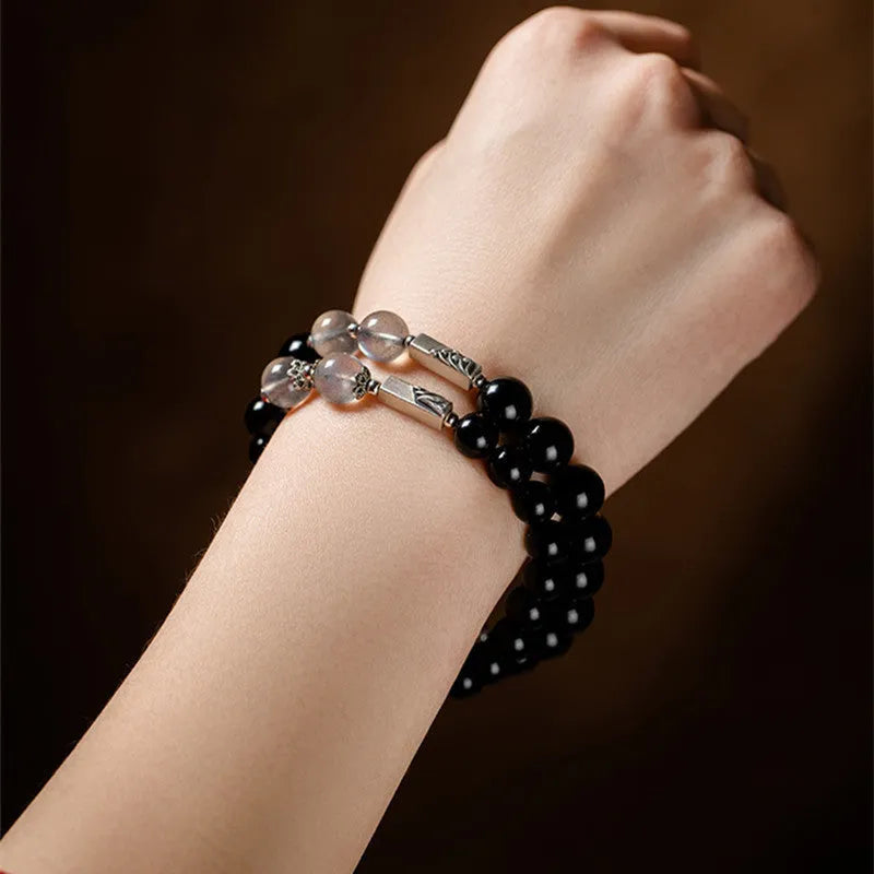 Obsidian Buddha beads couple bracelet DIY set showing 8mm and 10mm black stone beads