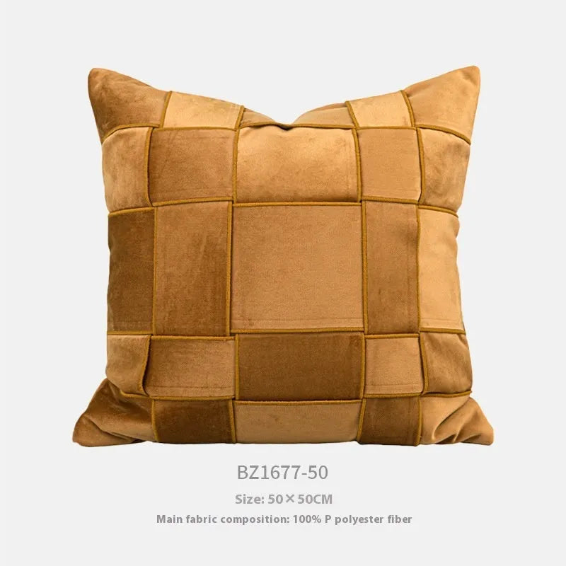 Square chenille woven cushion in beige, black, orange, reddish brown, retro green, rice coffee, or taupe, 50x50cm.