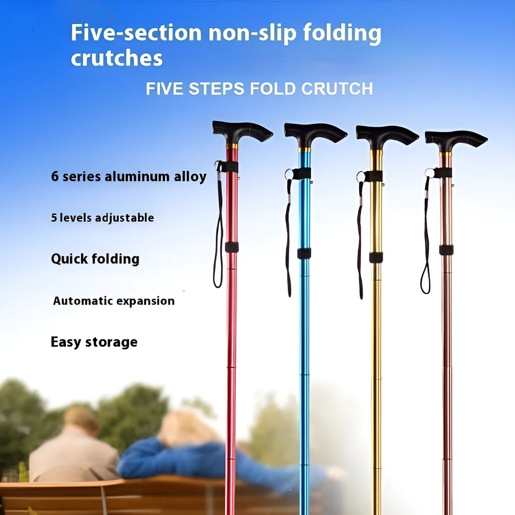 Aluminium folding walking cane shown extended and collapsed, with adjustable height and non-slip handle.