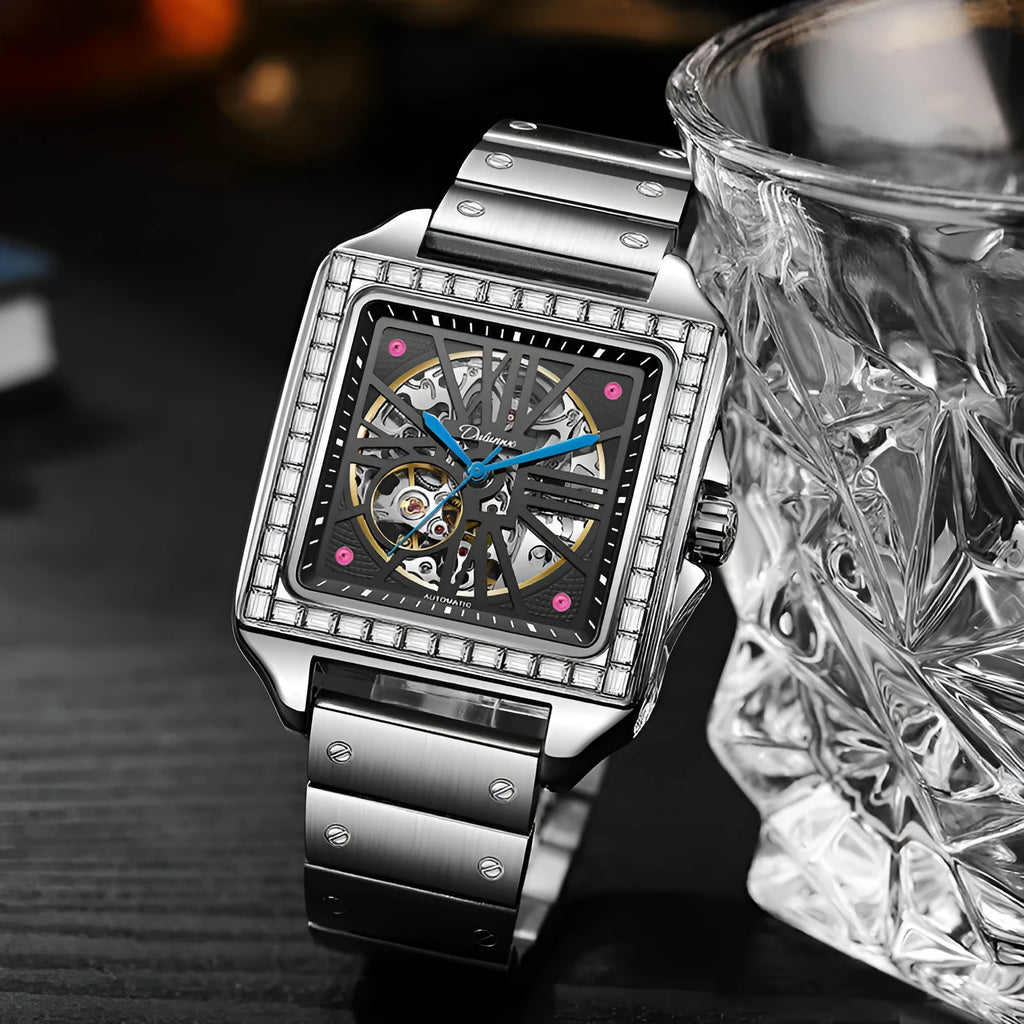 Men's square automatic watch with diamond studs on steel or leather strap