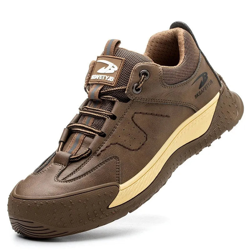 Men's leather work safety shoe with a black rubber sole, shown in a neutral colour.