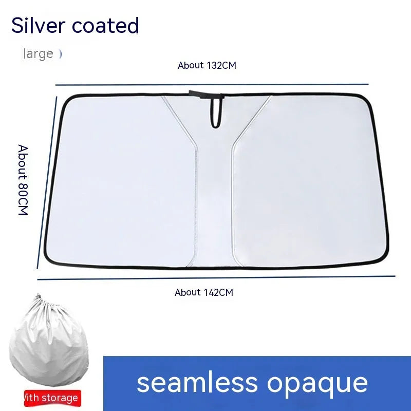 Titanium silver car sun shade with double-ring front shield construction folded for storage