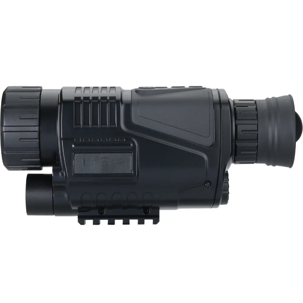 Black infrared digital night vision telescope with 40mm lens, storage bag, and cables for outdoor recording.