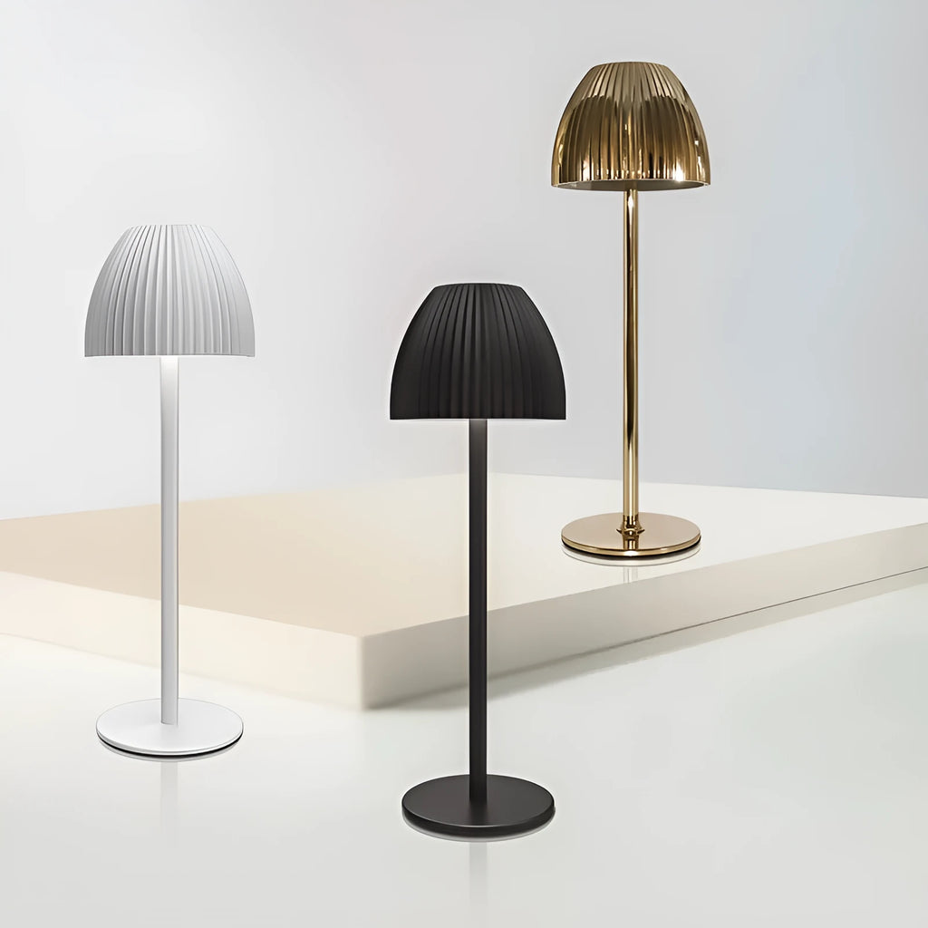 Ins pattern dimming small night lamp in thin round base black or white on a table.