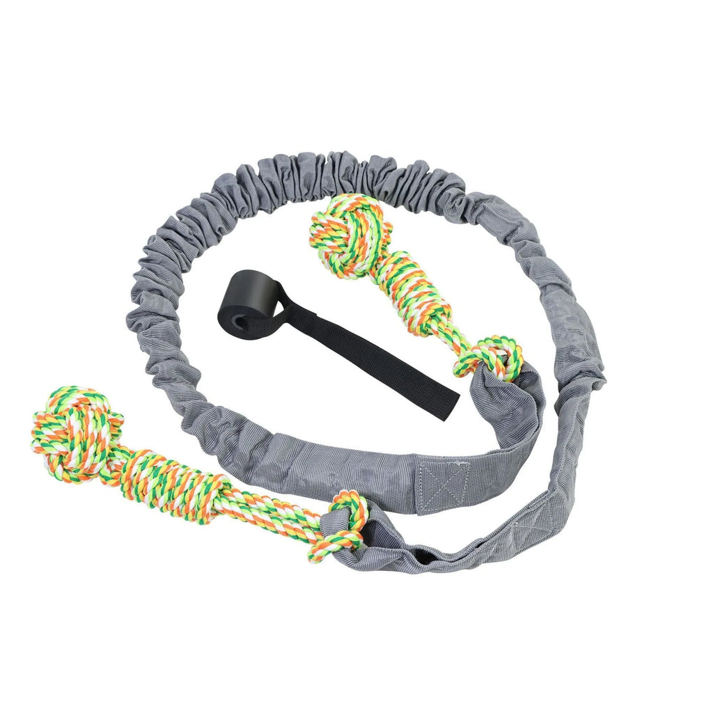 Cotton thread dog tug of war rope toy in black, grey, or red colours for interactive play and dental grinding