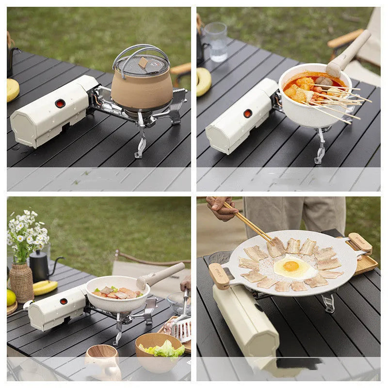 Green folding camping gas stove with serrated cooking bracket and adjustable control valve