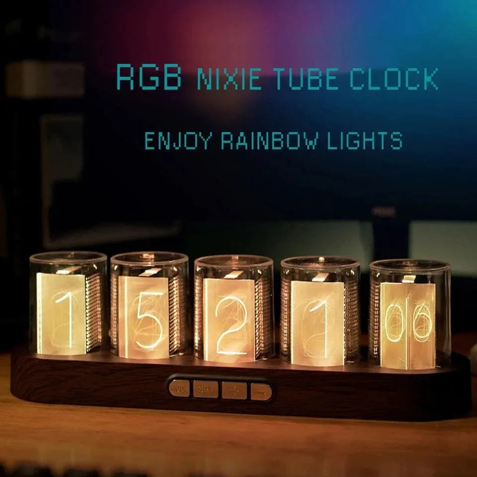 RGB Luminotron LED digital clock showing colourful display on desk in wood grain finish