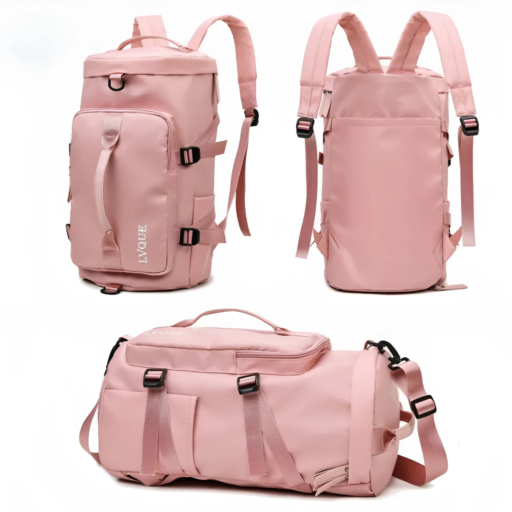 Black convertible nylon gym bag showing backpack, shoulder bag, and handbag modes with separate shoe compartment.