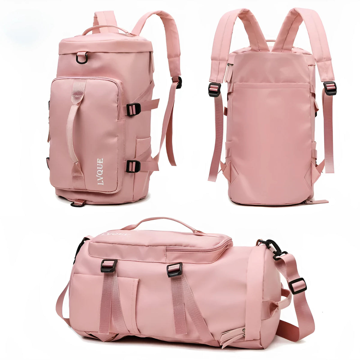 Black convertible nylon gym bag showing backpack, shoulder bag, and handbag modes with separate shoe compartment.