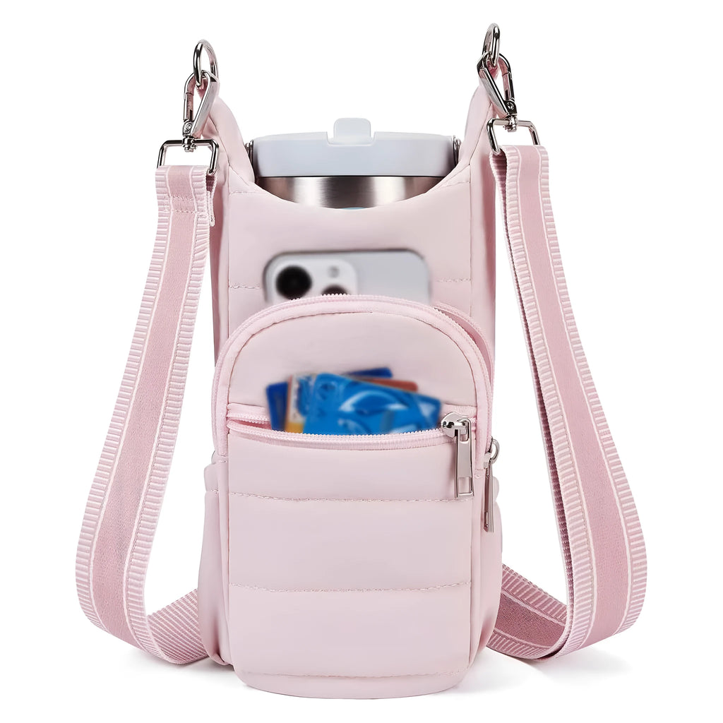 Cloth water bottle bag for bicycles shown in beige, black and pink colour options