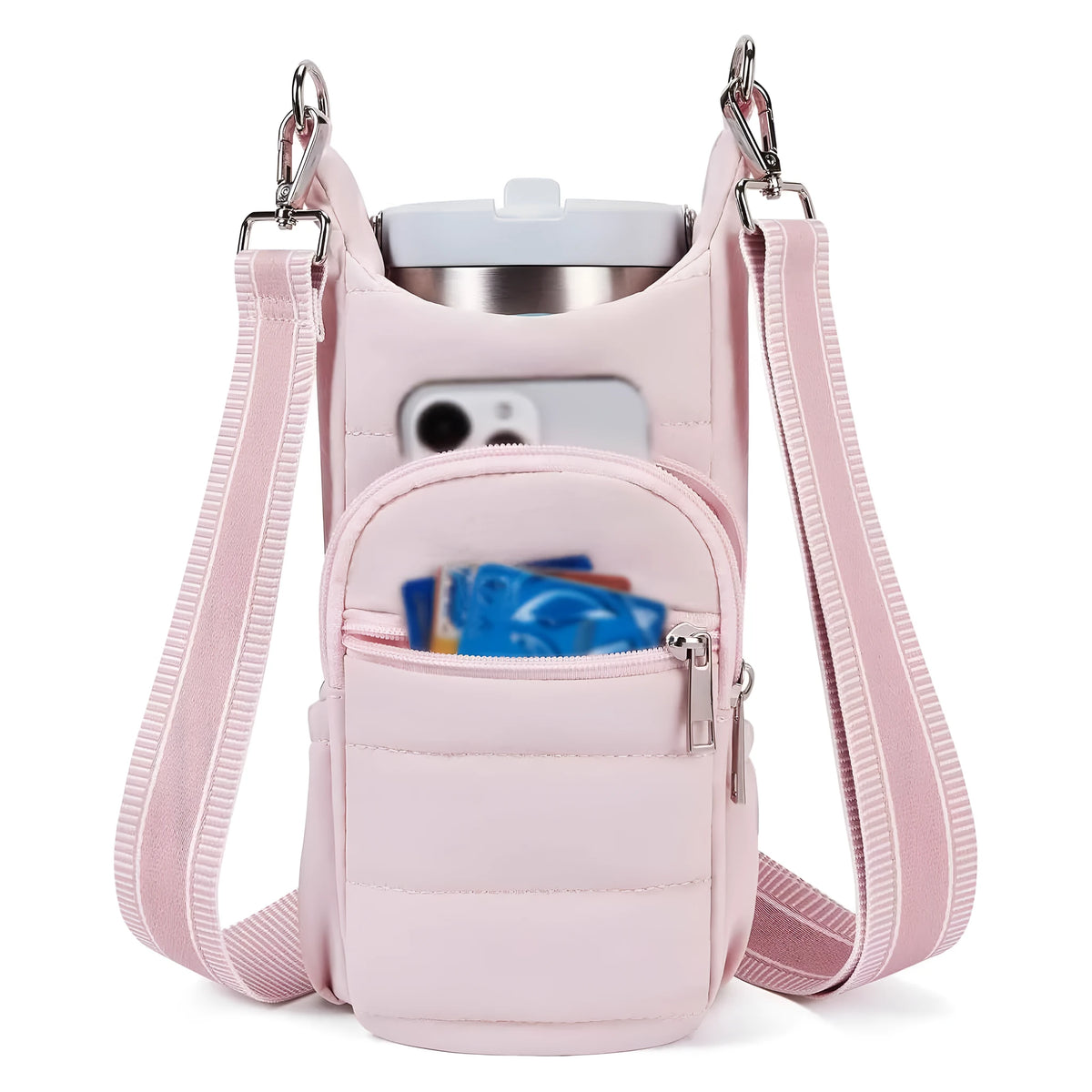 Cloth water bottle bag for bicycles shown in beige, black and pink colour options